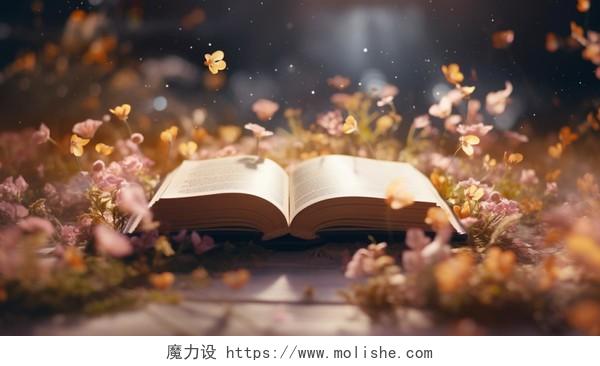 花朵包围的花丛里一本打开的书读书看书阅读投入学习知识文化世界读书日